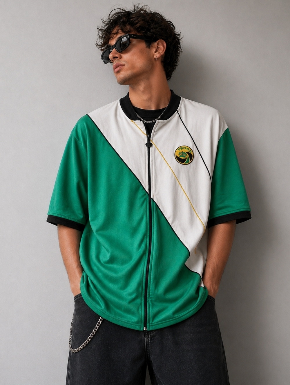 Vintage 90s Y2K Green Troop Jacket Color Block Logo Streetwear Size 2XL